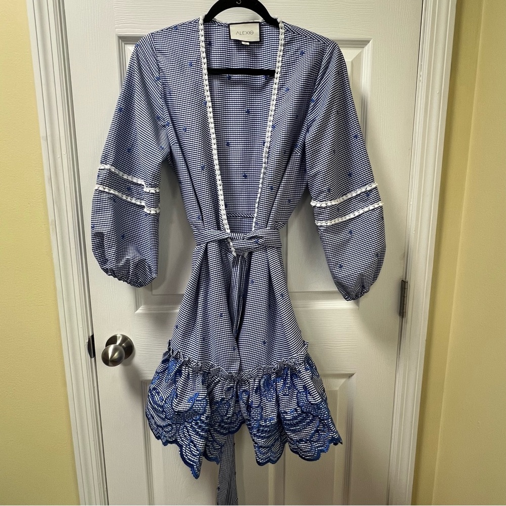 Alexis Alzena Dress Blue Gingham Wrap Embroidery Preppy Coastal Cottagecore M